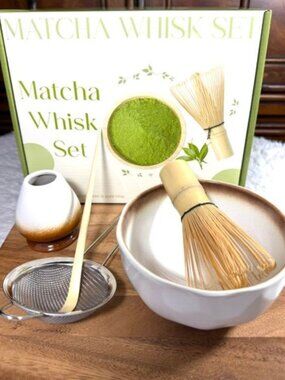 5pc Matcha Bamboo Whisk and Ceramic Holder + Ceramic Bowl + Sifter + Spoon Set